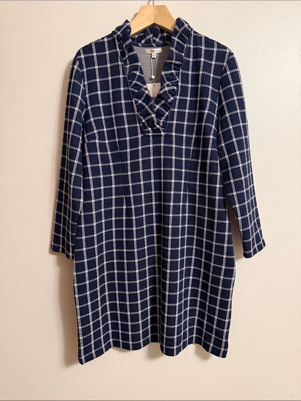 Tyler Boe Navy & White Windowpane Ruffle V-Neck Long Sleeve Dress